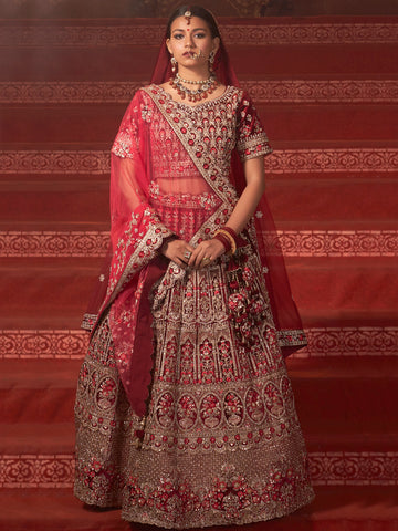 Red Heavy Embroidered Velvet Lehenga Choli