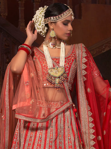 Red Heavy Embroidered Silk Lehenga Choli