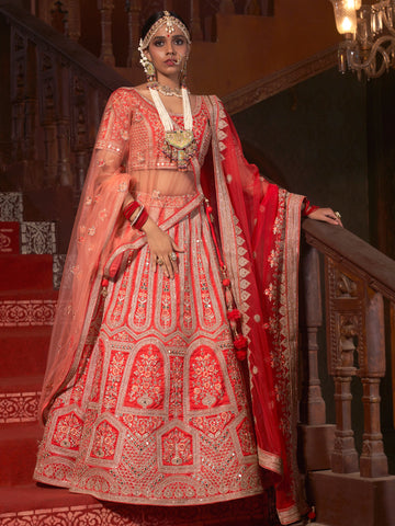 Red Heavy Embroidered Silk Lehenga Choli