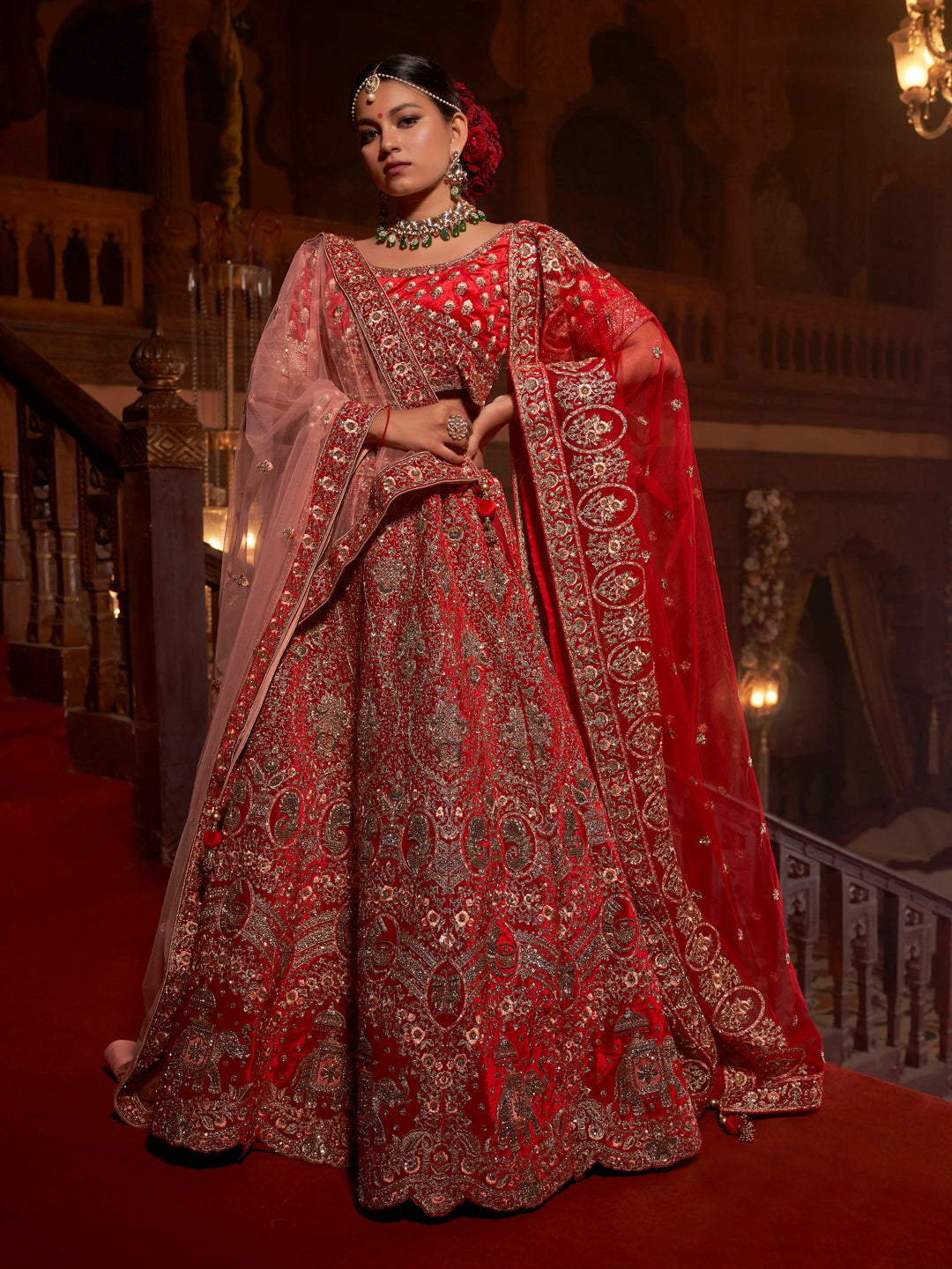 Red Heavy Embroidered Velvet Lehenga Choli