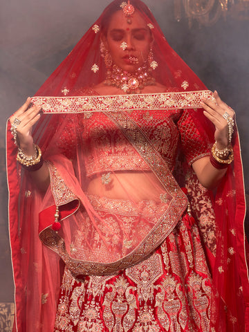 Red Heavy Embroidered Velvet Lehenga Choli