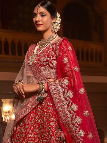 Red Heavy Embroidered Silk Lehenga Choli