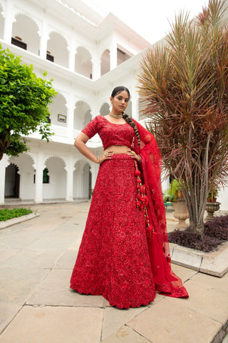 Red Radiant Glamour Full Sequence Velvet Semi Stitched  Lehenga Choli With Net Dupatta