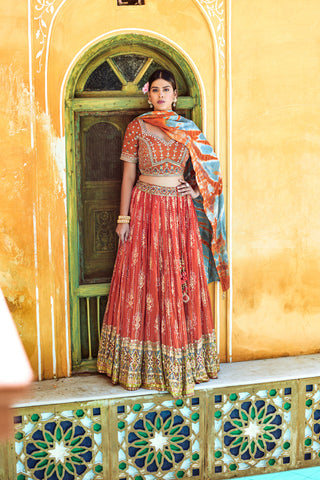 Golden Orange Pure Viscose Sequins Work and Thread work Fully Stitched Lehenga Choli