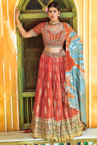 Golden Orange Pure Viscose Sequins Work and Thread work Fully Stitched Lehenga Choli