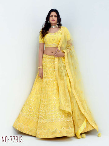 Lemon Yellow Pure Viscose Stitched Lehenga Choli with Embroidered Blouse & Dupatta