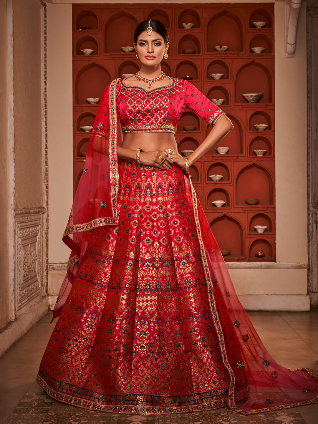 Rani Heavy Embroidered Banarasi Silk Flared Bridal Lehenga Choli