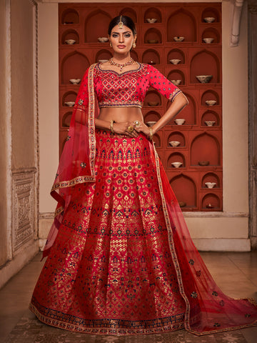 Rani Heavy Embroidered Banarasi Silk Flared Bridal Lehenga Choli