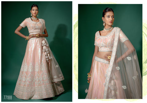 Pink Peach Net Embroidered Versatile Glamour: Semi-Stitched Lehenga with Unstitched Choli.