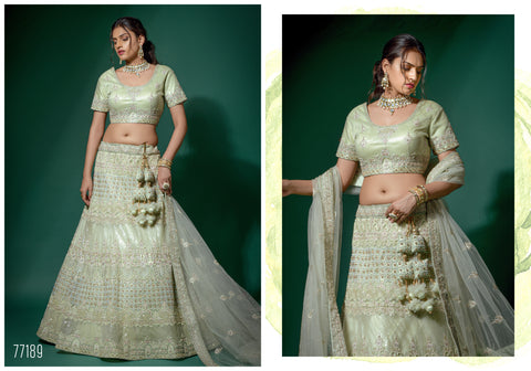 Mint Green And Rose Pink Net Semi-Stitched Lehenga And Unstitched Choli