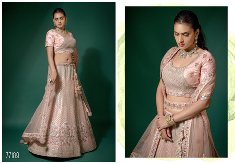 Mint Green And Rose Pink Net Semi-Stitched Lehenga And Unstitched Choli