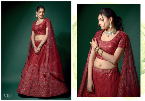 Cherry Red And Peach Net Fabric Semi Stitched Embroidered Lehenga Choli With Unstitched Blouse And Dupatta