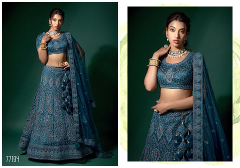 Navy Blue Net Embroidered Semi Stitched Lehenga And Unstitched Choli.