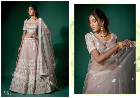 Navy Blue And Peach Pink Net Embroidered Fancy Semi Stitched Lehenga And Unstitched Choli