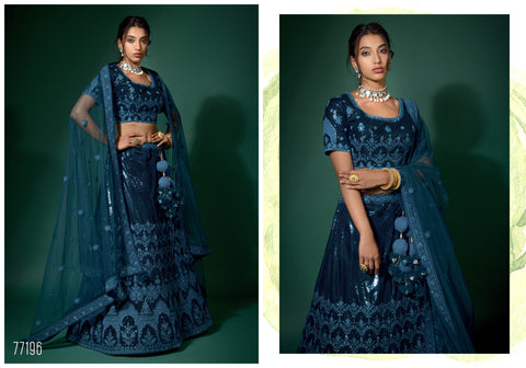 Navy Blue And Peach Pink Net Embroidered Fancy Semi Stitched Lehenga And Unstitched Choli