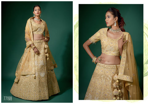 Mustard Yellow Net Embroidered Semi Stitched Lehenga And Unstitched Choli