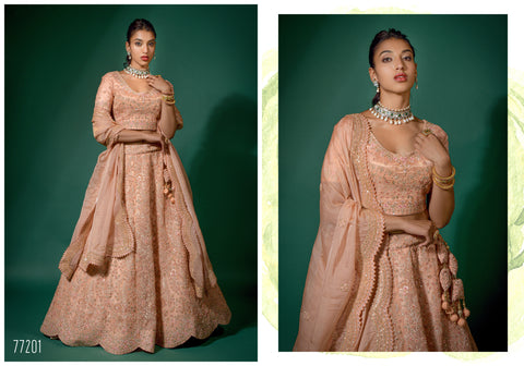 Peach Net Embroidered Semi Stitched Lehenga And Unstitched Choli