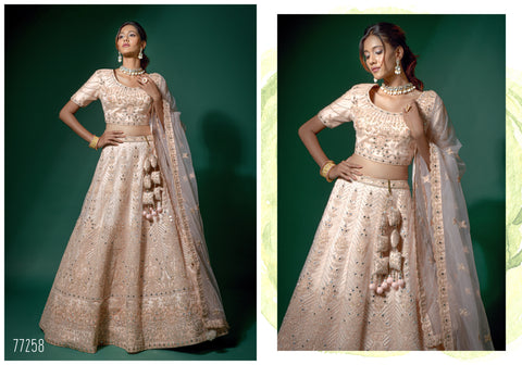 Peach Net Embroidered Fancy Semi Stitched Lehenga And Unstitched Choli