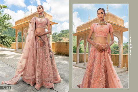 Peaches Pink Zarkan Work Net Semi Stitched Lehenga Choli With Net Dupatta