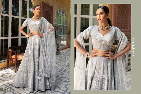 Grey Fully Zarkan Net Base Semi Stitched Glamorous Glitterati Lehenga Choli With Net Dupatta