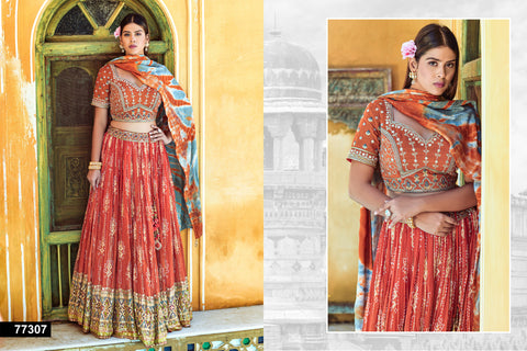 Golden Orange Pure Viscose Sequins Work and Thread work Fully Stitched Lehenga Choli