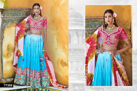 Sky Blue Viscose Embroidered Full Stitched Lehenga Choli with Dupatta