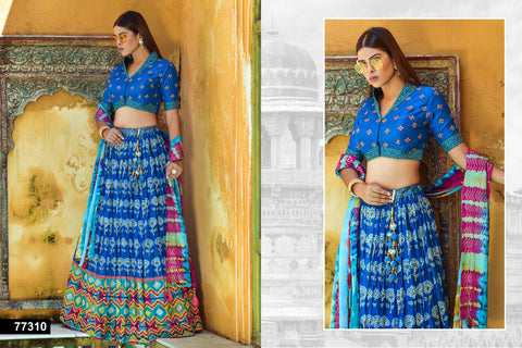 Royal Blue Festive Embroidered Floral Printed Full Stitched Lehenga Choli