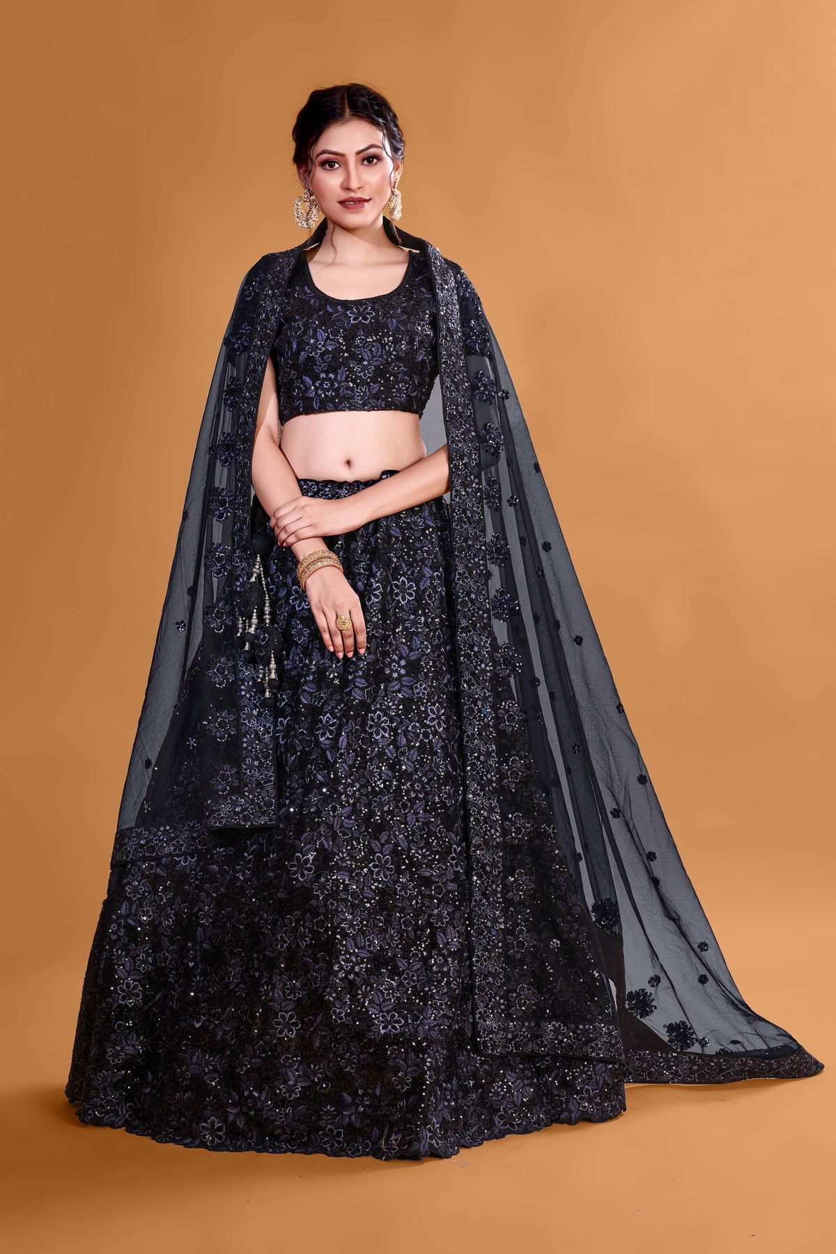 Black Elegant Sequin Stunner Full Sequence Velvet Semi Stitched  Lehenga Choli With Net Dupatta