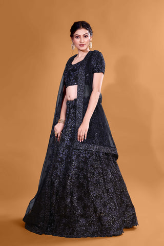 Black Elegant Sequin Stunner Full Sequence Velvet Semi Stitched  Lehenga Choli With Net Dupatta