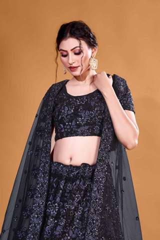 Black Elegant Sequin Stunner Full Sequence Velvet Semi Stitched  Lehenga Choli With Net Dupatta