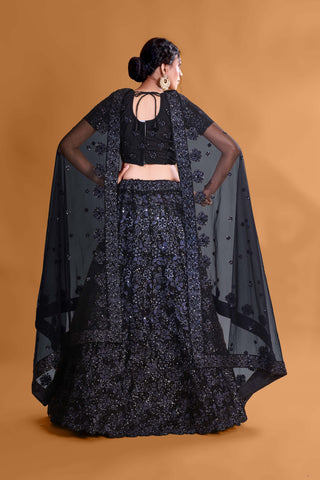 Black Elegant Sequin Stunner Full Sequence Velvet Semi Stitched  Lehenga Choli With Net Dupatta