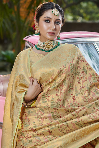 Gold Saree In Pure Banarasi Silk With Floral Jacquard Work