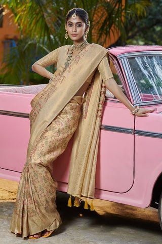 Gold Saree In Pure Banarasi Silk With Floral Jacquard Work