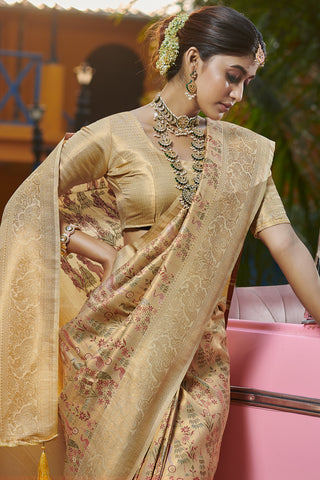 Gold Saree In Pure Banarasi Silk With Floral Jacquard Work