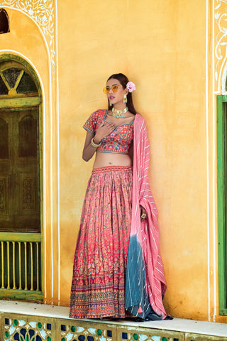 Dust Pink Embroidered Sweetheart Neck Viscose Ready to wear Lehenga Choli