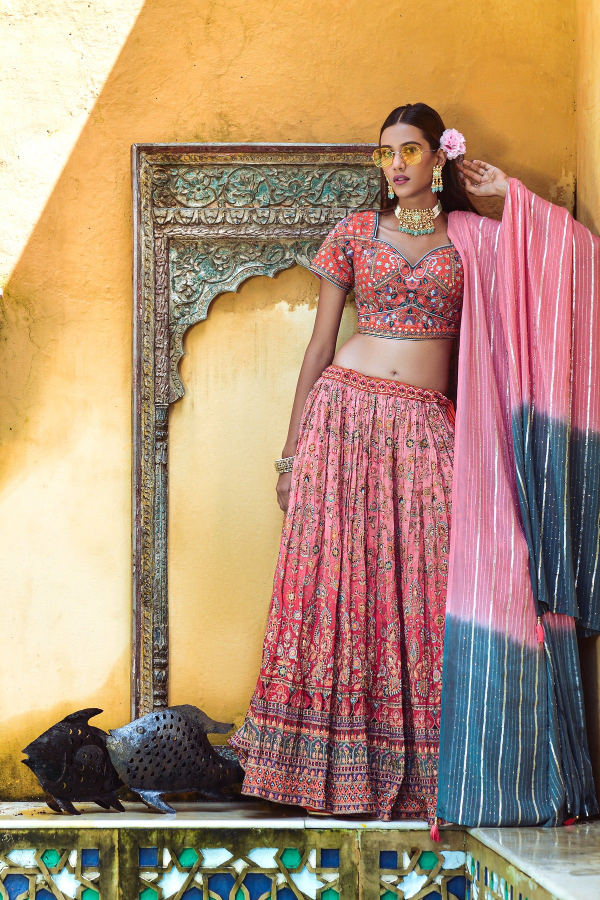 Dust Pink Embroidered Sweetheart Neck Viscose Ready to wear Lehenga Choli