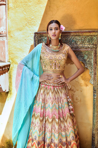 Multicolor Golden Zigzag printed Pure Viscose Fully Stitched Engagement Lehenga Choli