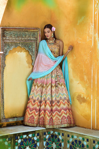 Multicolor Golden Zigzag printed Pure Viscose Fully Stitched Engagement Lehenga Choli