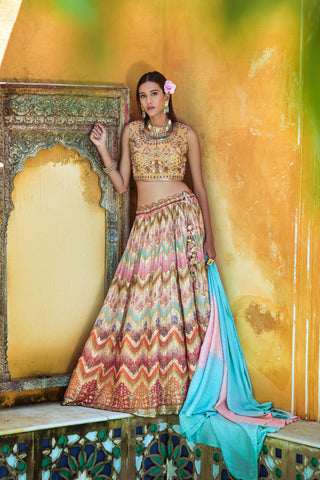 Multicolor Golden Zigzag printed Pure Viscose Fully Stitched Engagement Lehenga Choli