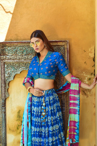 Royal Blue Festive Embroidered Floral Printed Full Stitched Lehenga Choli