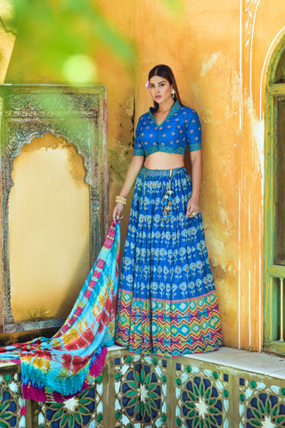 Royal Blue Festive Embroidered Floral Printed Full Stitched Lehenga Choli