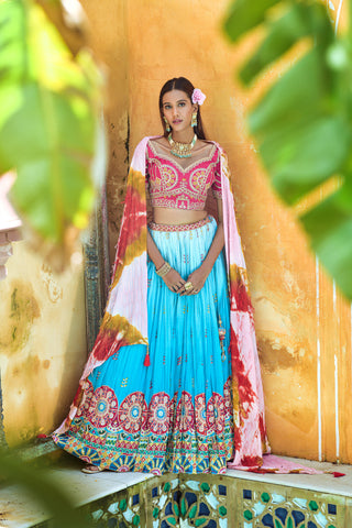 Sky Blue Viscose Embroidered Full Stitched Lehenga Choli with Dupatta