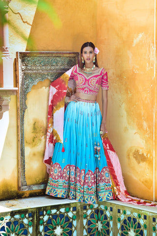 Sky Blue Viscose Embroidered Full Stitched Lehenga Choli with Dupatta