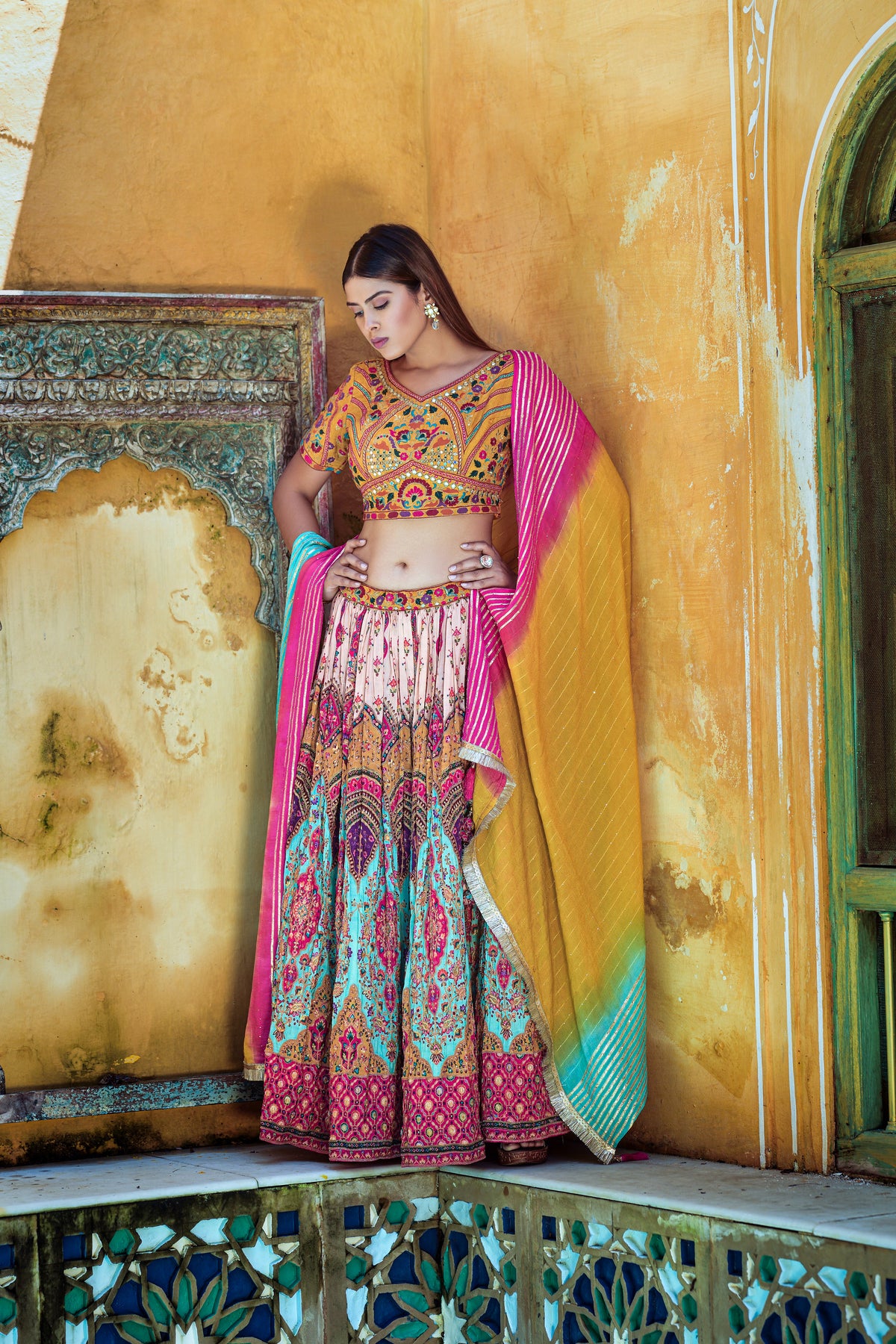 Multicolor Viscose Embroidered Full Stitched Lehenga choli with Dupatta