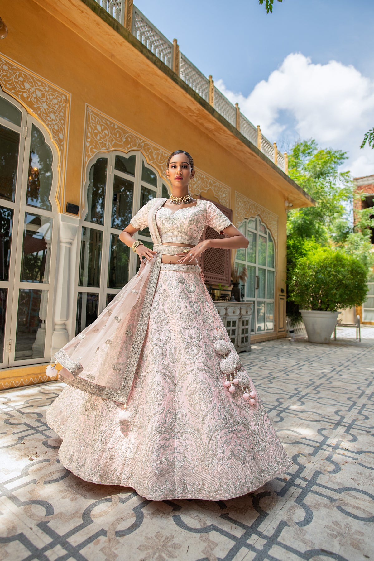 Baby Pink Zarkan Work Net Semi Stitched Lehenga Choli With Net Dupatta