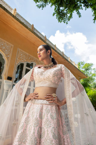 Baby Pink Zarkan Work Net Semi Stitched Lehenga Choli With Net Dupatta