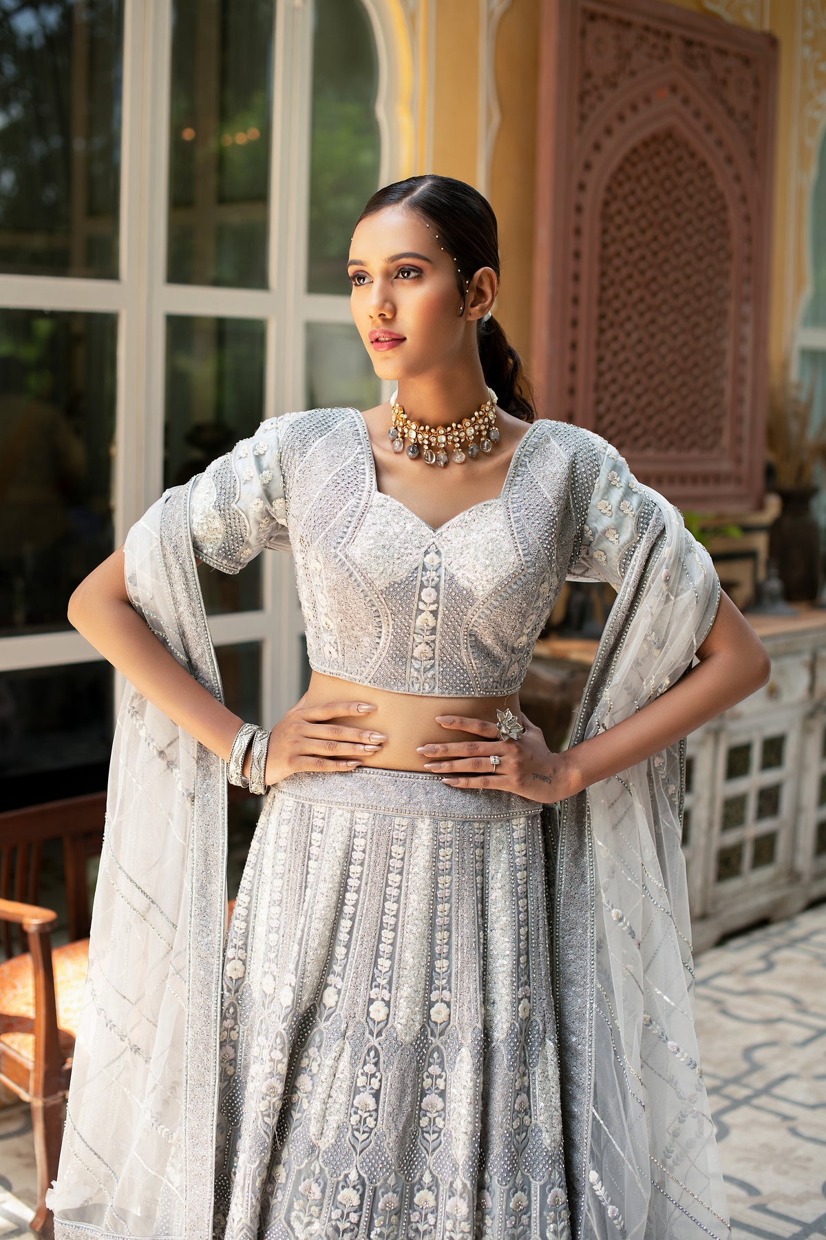 Grey Fully Zarkan Net Base Semi Stitched Glamorous Glitterati Lehenga Choli With Net Dupatta