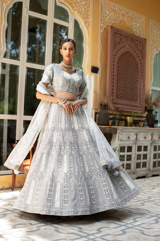 Grey Fully Zarkan Net Base Semi Stitched Glamorous Glitterati Lehenga Choli With Net Dupatta