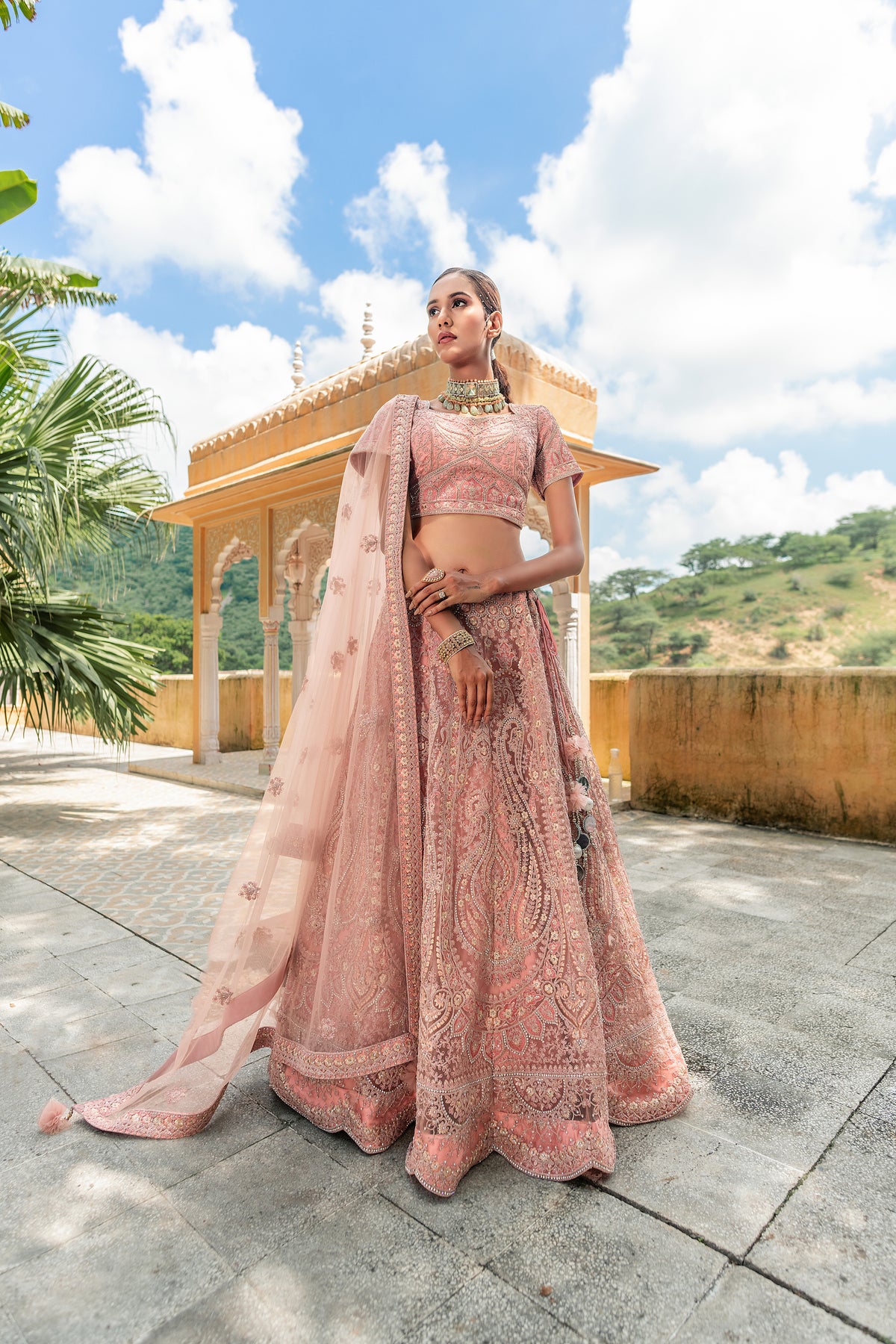 Peaches Pink Zarkan Work Net Semi Stitched Lehenga Choli With Net Dupatta