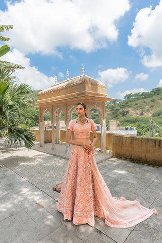 Peaches Pink Zarkan Work Net Semi Stitched Lehenga Choli With Net Dupatta